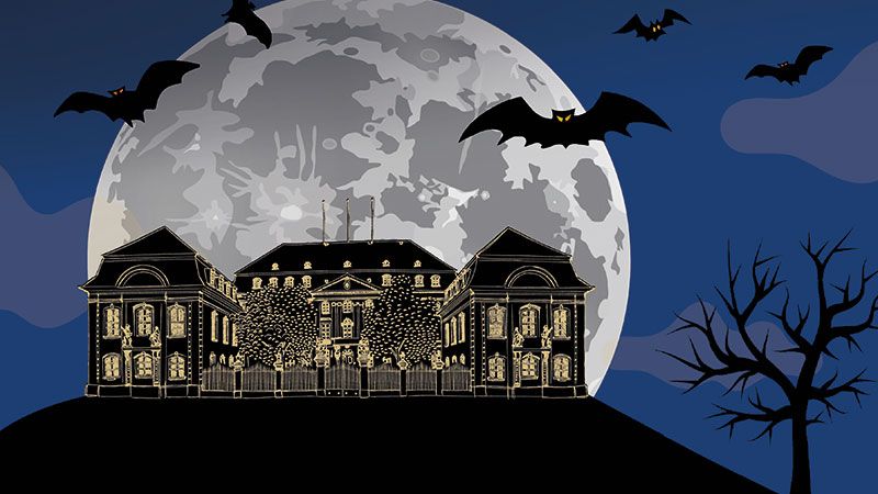 Landtagsgebäude als Comic mit Fledermäusen, bei Nacht